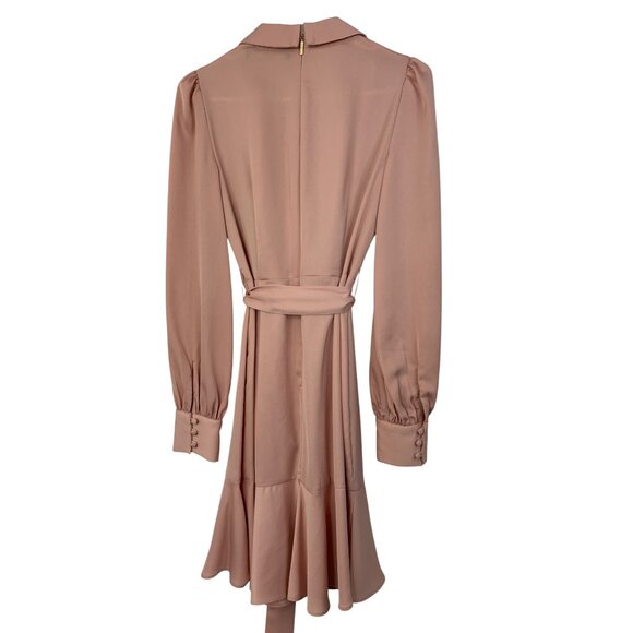 Karl Lagerfeld Paris Pink Faux Wrap Dress Surplus Neck Ruffle Hem LS Size 2 - Picture 4 of 11